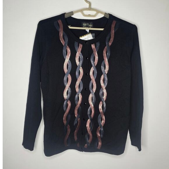 NWT Bob Mackie black cardigan sweater bronze silver sequin details - 1X - Picture 1 of 5